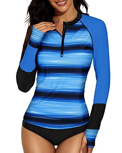 Long Sleeve Rash Guard And Boy Shorts Set For Women-Blue Stripe