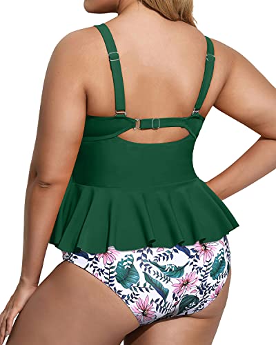 Ladies Vintage Twist Front Two Piece Plus Size Swimsuit-Green Pink Flower