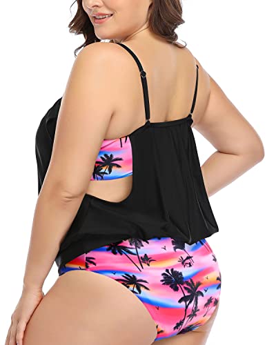 Deep Cut Blouson Tankini Swimsuits Shorts For Women Plus Size-Black Palm Tree