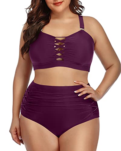 Two Piece Plus Size Ruched Tummy Control Bikini Lace Up Detail-Maroon