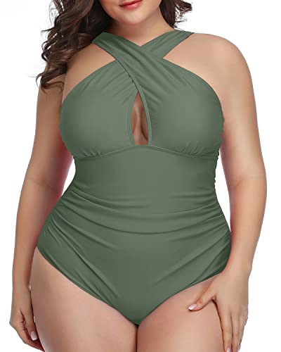 Unique Keyhole Plus Size Swimwear One Piece Retro Style-Olive Green