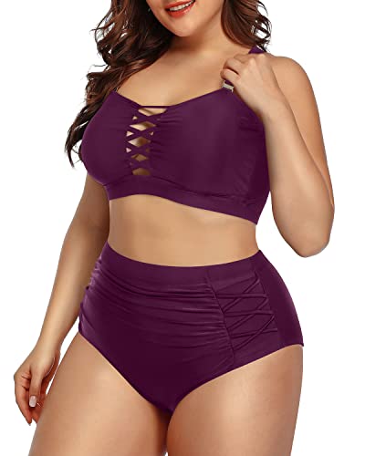 Two Piece Plus Size Ruched Tummy Control Bikini Lace Up Detail-Maroon