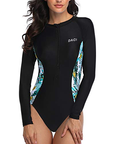 Women's Upf 50+ Zipper Rash Guard One Piece Swimsuit For Sun Protection-Black Leaf