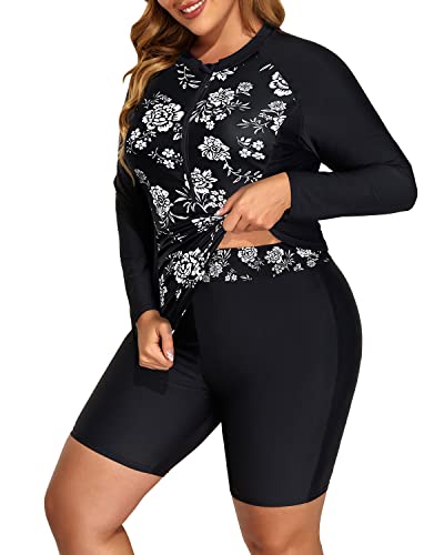 Full Body Coverage Rash Guard 2 Piece Plus Size Long Sleeve Rash Guard-Black And White Flo