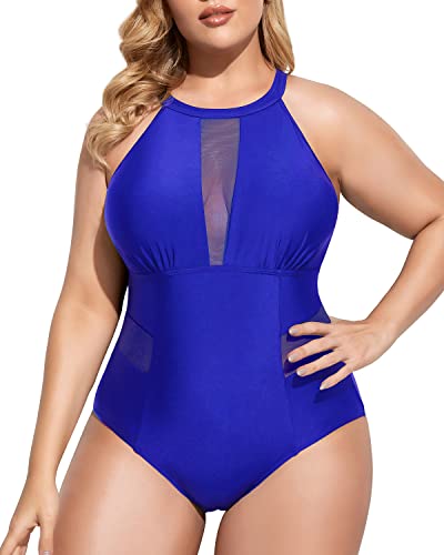 Trendy Mesh Cut-Out Plus Size One Piece Swimsuit-Royal Blue