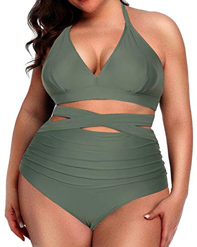 Flattering Two Piece Plus Size Swimsuit Halter Top-Army Green