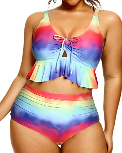 Fashionable Keyhole Front Bikini Set For Plus Size Women-Color Tie Dye