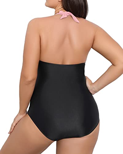 Ladies Tummy Control Ruched Backless One Piece Swimwear-Pink And Black