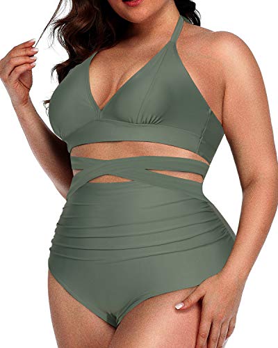 Flattering Two Piece Plus Size Swimsuit Halter Top-Army Green