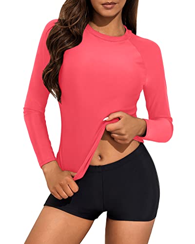 Two Piece Rash Guard Bathing Suit Long Sleeve Swim Shirt For Women-Red
