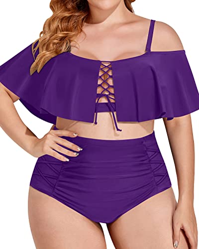 Fashionable Plus Size Lace Up Bikini Flounce Top For Big Bust-Purple