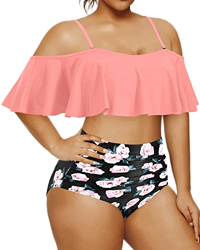 Tummy Control Plus Size Two Piece Bikini High Waist Bottoms-Coral Pink Floral