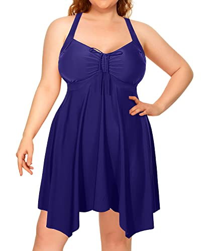 Ruffled Irregular Hem Two Piece Swimdress Boyshorts For Women-Navy Blue