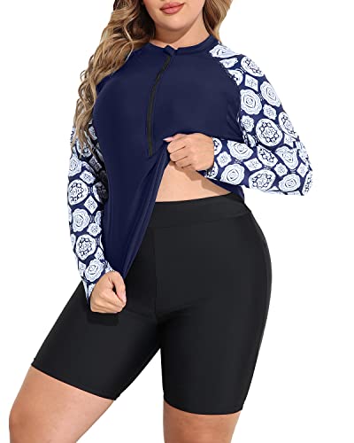 Women's Zip Front Plus Size Rash Guard Tankini Boy Shorts Swimsuit-Navy Blue Snake Prin