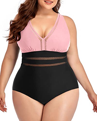 Cheeky See-Through Hollow Out One Piece Plus Size Bathing Suit-Pink And Black
