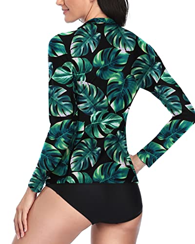 Women's Modest Swimsuit Long Sleeve Rash Guard And Shorts-Green Leaf