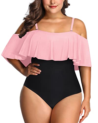 Elegant Ruffle Tummy Control Swimsuit For Women Plus Size One Piece-Pink And Black