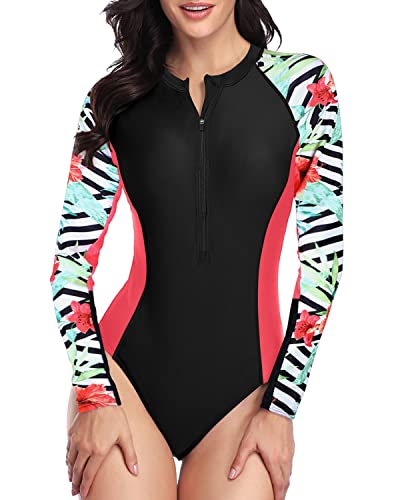 Full Coverage One Piece Long Sleeve Rash Guard Swimsuit-Black And Stri ...