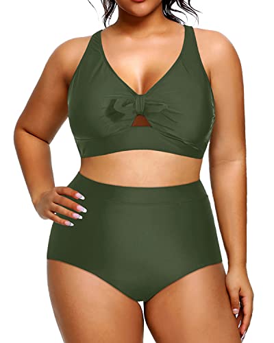 Modest Retro Style Plus Size Swimsuits 2 Piece-Army Green