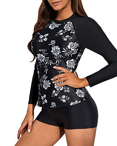 Long Sleeve Two Piece Rash Guard Bathing Suit For Women Boyshort Bottom-Black And White Flo