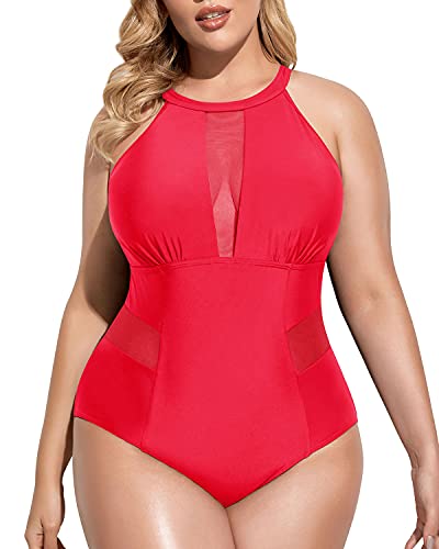 Charming High-Neck Plus Size Monokini For Curvy Women-Neon Red