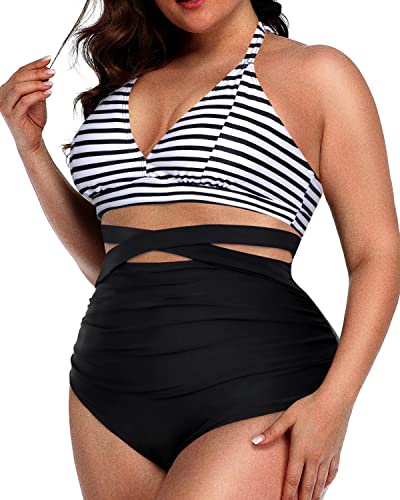 Two Piece Knotted High Waist Bikini Set For Plus Size Ladies-Black And White Stripe