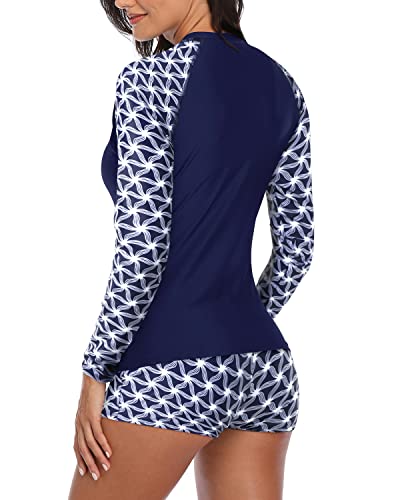 Flattering Raglan Sleeve Two Piece Rash Guard Women's Swimsuit-Blue And White Stars