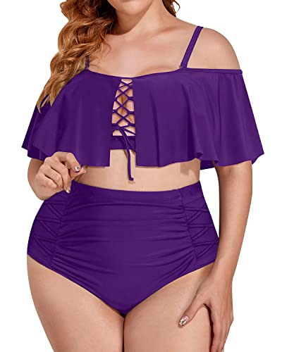 Fashionable Plus Size Lace Up Bikini Flounce Top For Big Bust-Purple