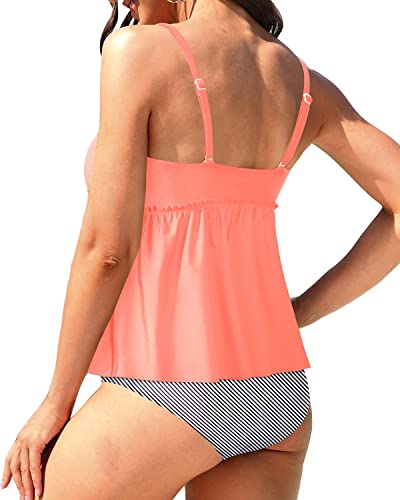 Stylish Peplum Swimsuit High Waisted Shorts-Coral Pink Stripe