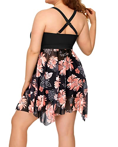 Criss-Cross Back Mesh Two Piece Swim Dress For Women-Black Floral Daci Criss-Cross Back Mesh Two Piece Swim Dress For Women-Black Floral Daci