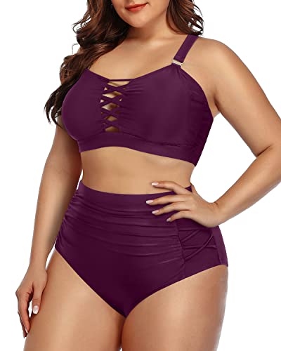 Two Piece Plus Size Ruched Tummy Control Bikini Lace Up Detail-Maroon