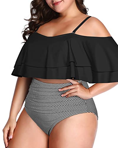 Double Ruffle Off Shoulder Bikini Set For Plus Size 2 Piece Swimsuits-Black Stripe