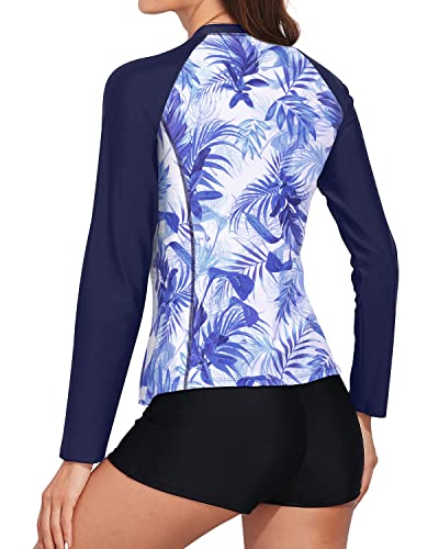 Women's Long Sleeve Rash Guard Boy Shorts Two Piece Swimsuit-Blue And White Leaf