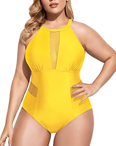 Stylish Tummy Control Monokini Plus Size Swimwear-Neon Yellow – Daci