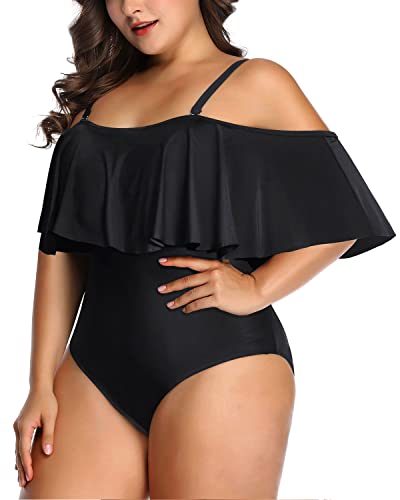 Adjustable Strap Flounce Top One Piece Swimwear For Women-Black