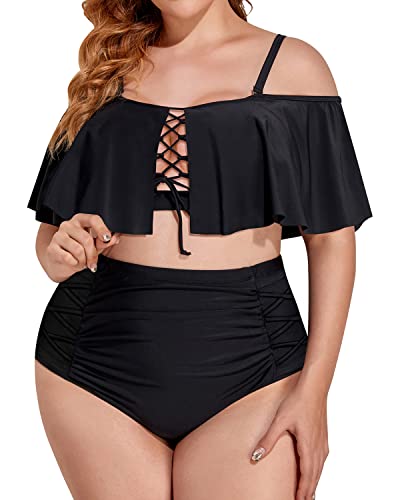 Ruffle Bikini Top Tummy Control Two Piece Swimsuit-Black