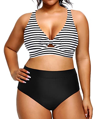 Classic Retro Style Plus Size High Waisted Bathing Suit-Black And White Stripe