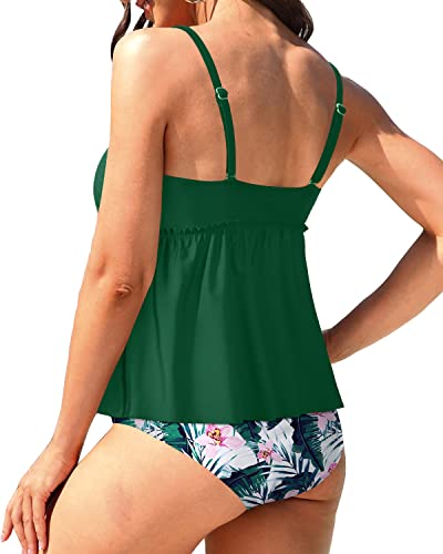 Adjustable Strap Tankini Set For Women's Beach Wear-Green Tropical Floral