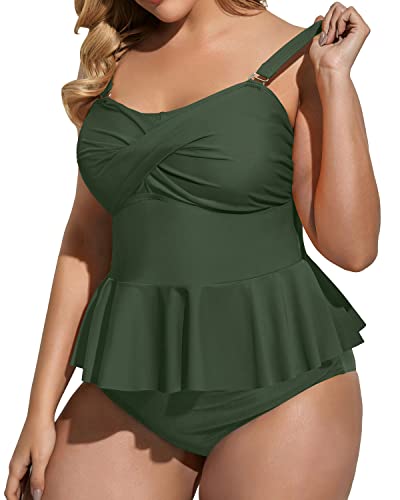 Adjustable Strap Peplum Tankini High Waisted Bottom Bathing Suits-Army Green