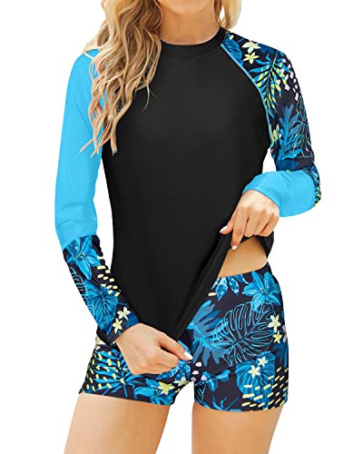 Built-In Bra Swim Shirt Long Sleeve Swimming Suits Women-Green Leaf