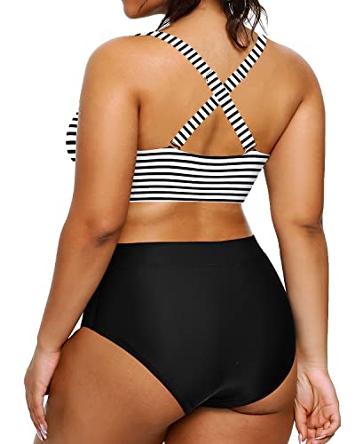 Classic Retro Style Plus Size High Waisted Bathing Suit-Black And White Stripe