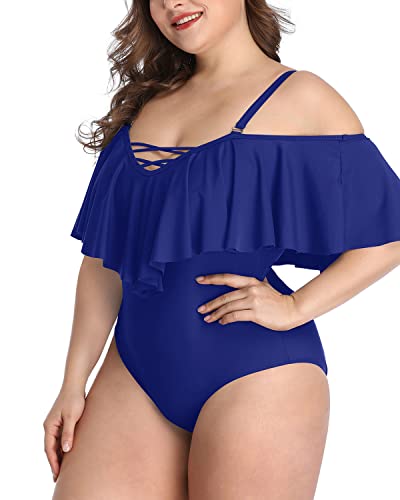 Modest Coverage Off Shoulder Plus Size Swimsuits For Curvy Women-Blue