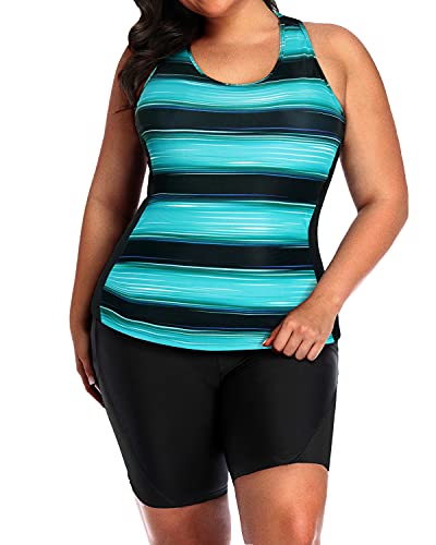 Plus Size High Waisted Tankini Racerback And Boyshorts-Green Stripe
