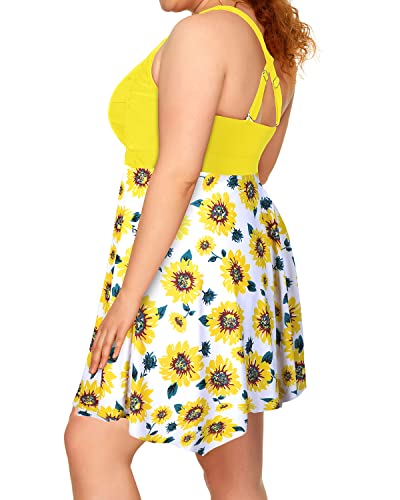 Adjustable Drawstring Tankini Plus Size Two Piece Swimdress-Yellow Floral