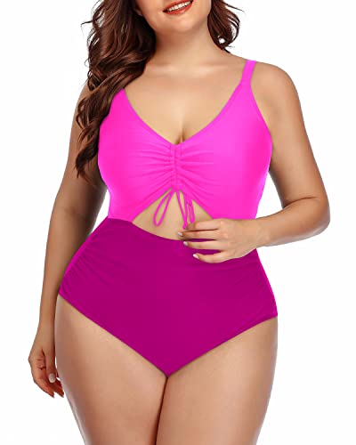 Modest High-Waisted Plus Size Monokini Swimsuits-Phosphor And Dark Pink