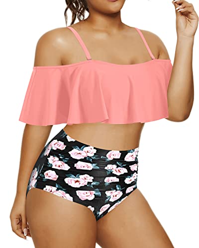 Tummy Control Plus Size Two Piece Bikini High Waist Bottoms-Coral Pink Floral