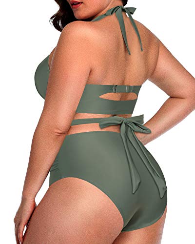 Flattering Two Piece Plus Size Swimsuit Halter Top-Army Green