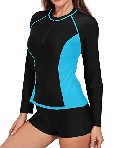 Women's Long Sleeve Zipper Rash Guard Bathing Suit Boy Shorts-Black And Blue