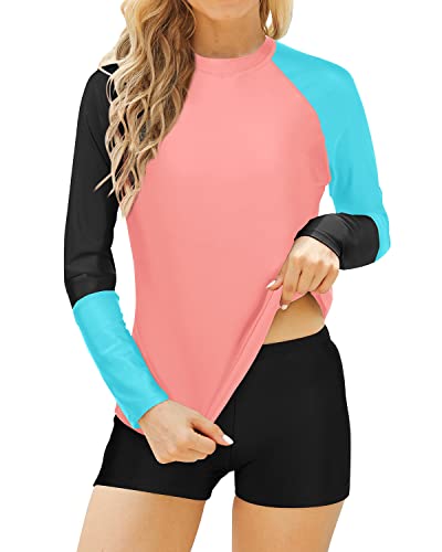 Sporty Raglan Sleeves Rash Guard Boyshort For Women-Coral Pink