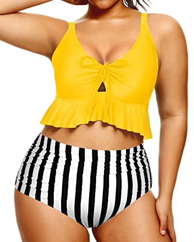 Stylish Ruched High Waisted Bikini Set For Curvy Women-Yellow And Stripe